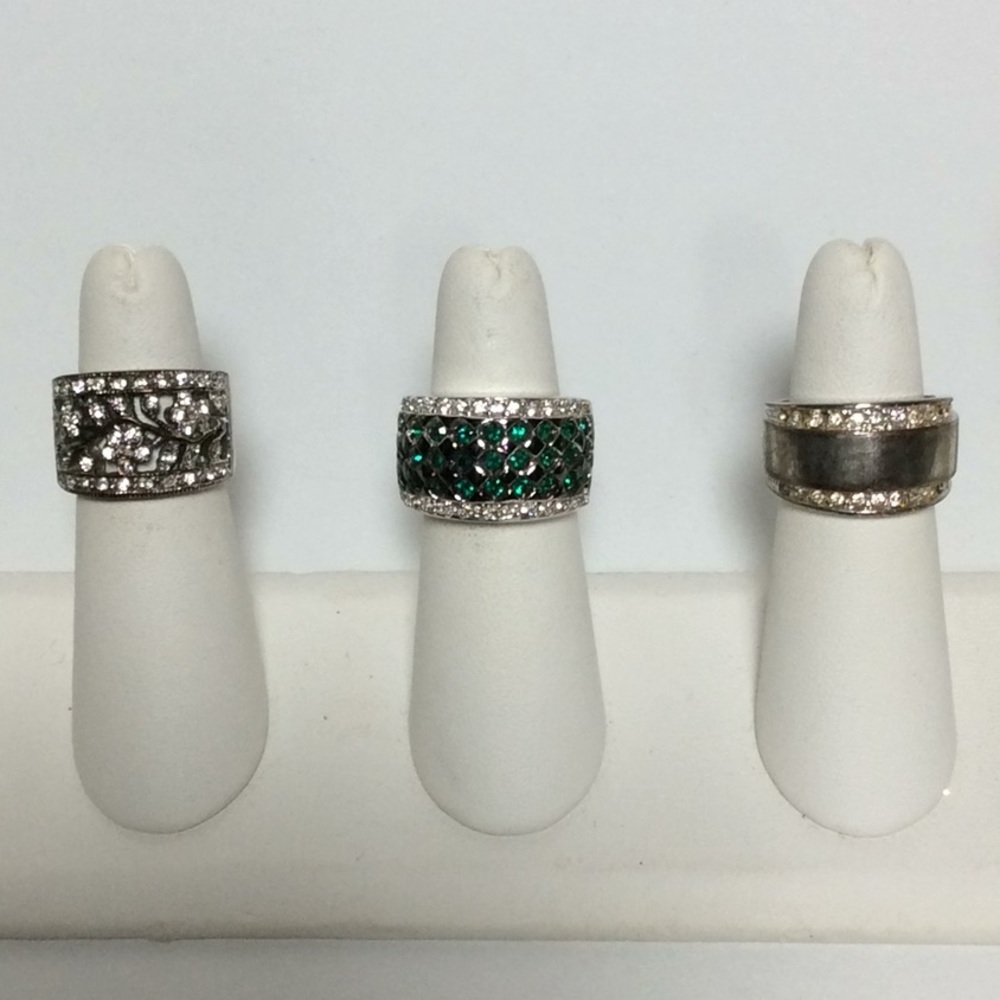 Silver & Green Rhinestone Ring Trio